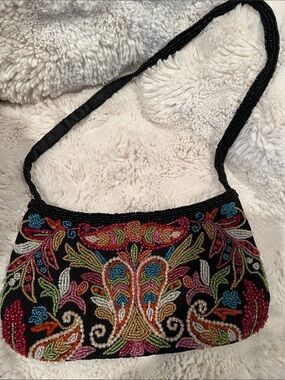 Vintage Express Beaded Black Floral Evening Shoulder Bag